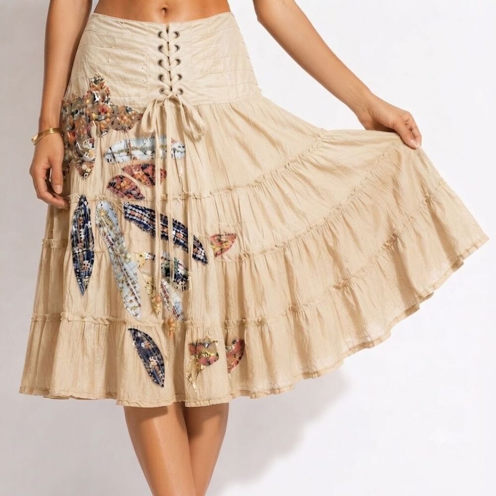 Vintage Y2K Boho Festival Tiered Skirt Small Tan Corset Patchwork Sequins Fairy